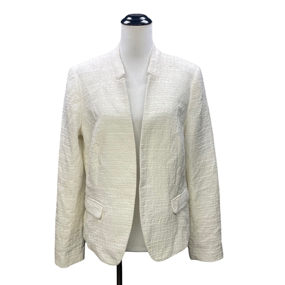 LOFT Blazer Women 14 White Textured Open Front Career Professional Wedding Guest
